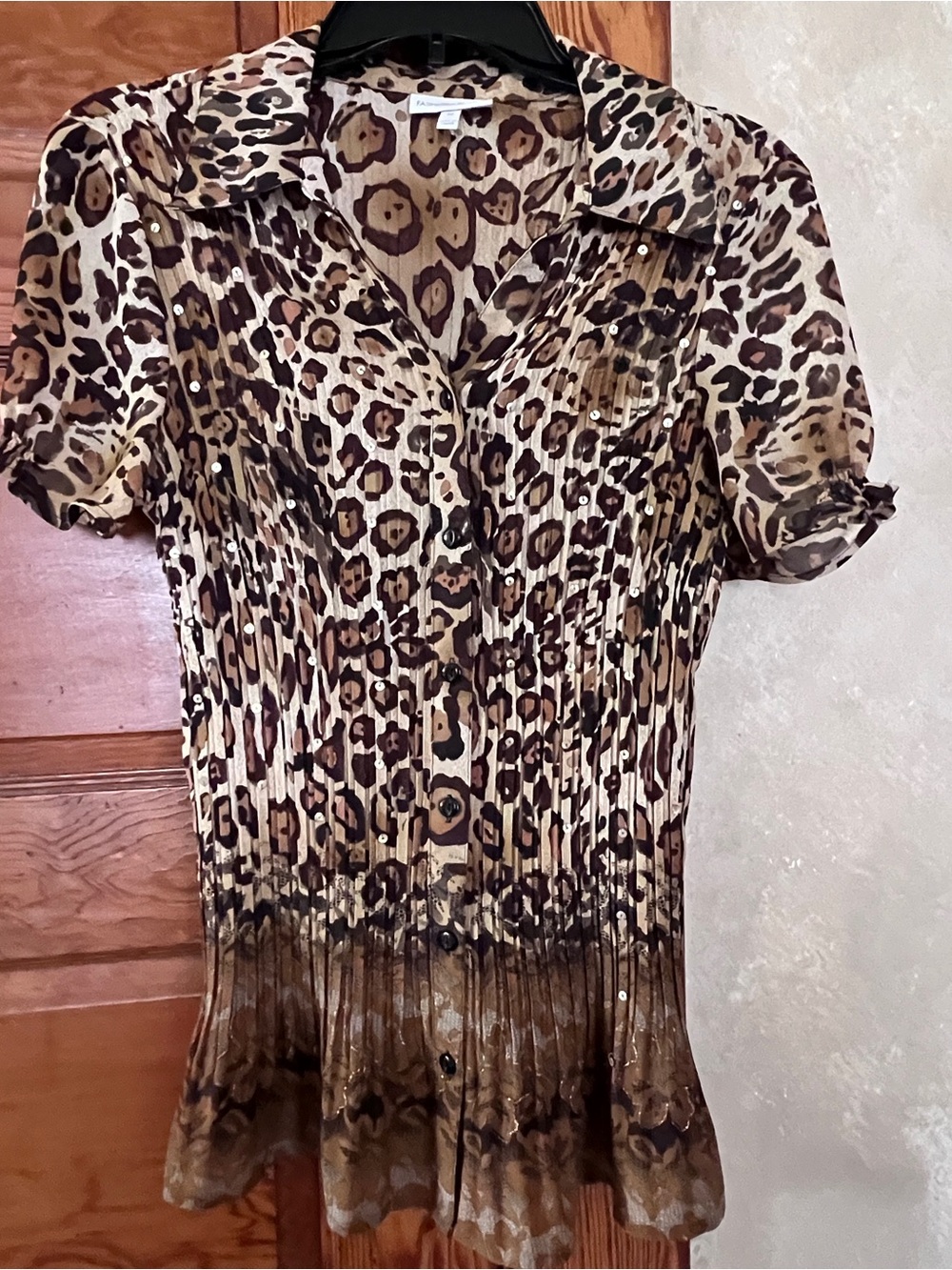 Vintage Y2K Sheer Leopard Pleated Button Down Top Size M Sparkle Sequins